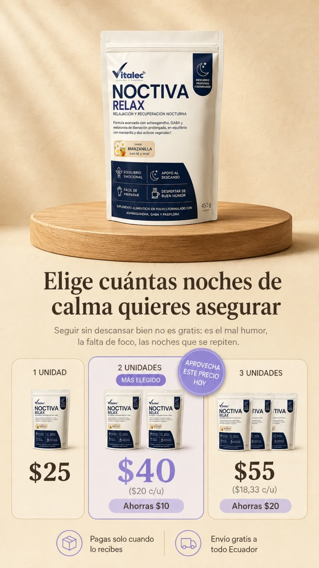 Combos de Noctiva Relax: una unidad por 25 dólares, dos por 40 y tres por 55.