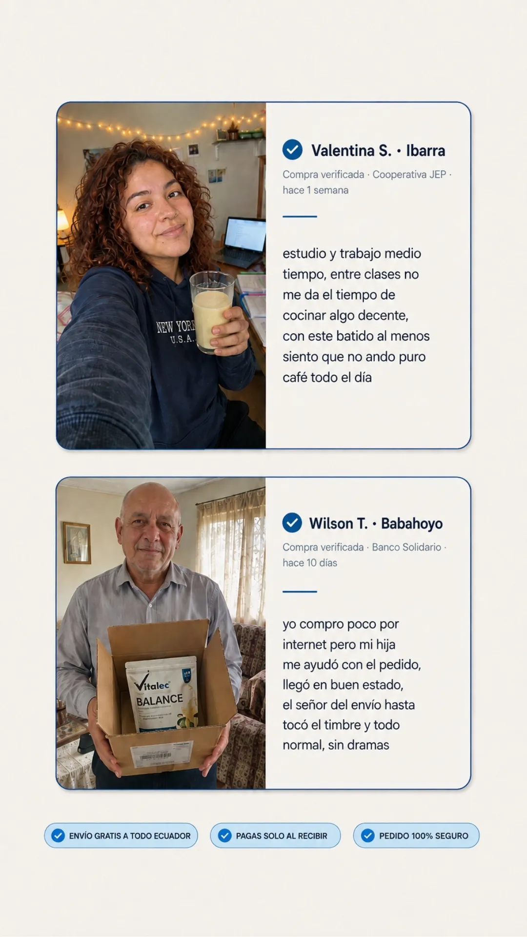 Testimonios de Valentina de Ibarra y Wilson de Babahoyo.